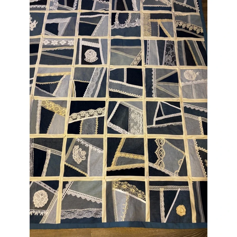 Handmade Denim Patchwork Crazy Quilt Lace Doily Applique Boho Throw 63x54